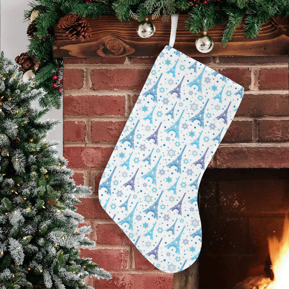 Blue Eiffel Tower Theme Pattern Print Design 01 Christmas Stocking