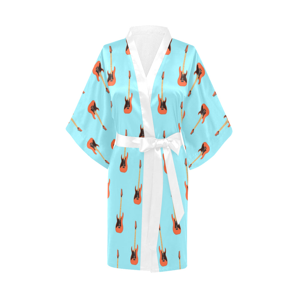 electric guitar pattern light blue background Women's Short Kimono Robe