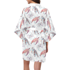 Watercolor sea turtle jellyfish pattern Women's Short Kimono Robe