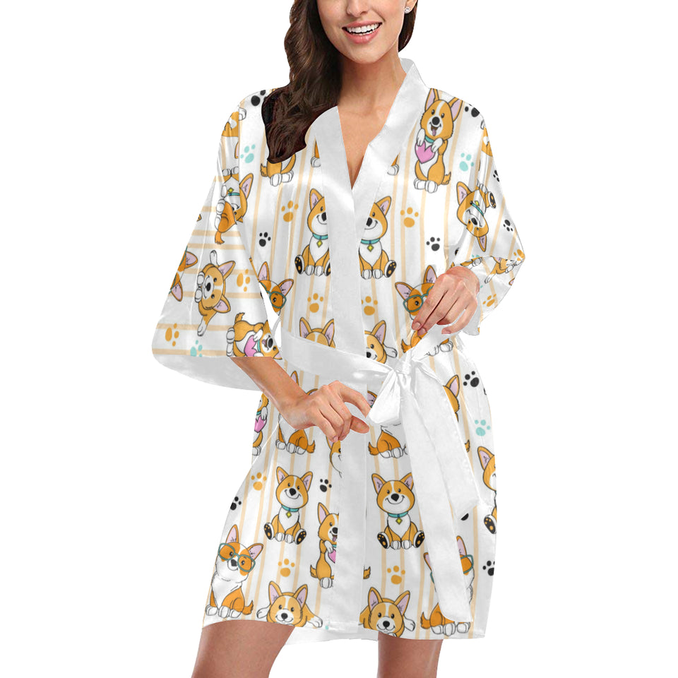 Cute dog corgi striped background pattern Women's Short Kimono Robe