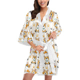 Cute dog corgi striped background pattern Women's Short Kimono Robe