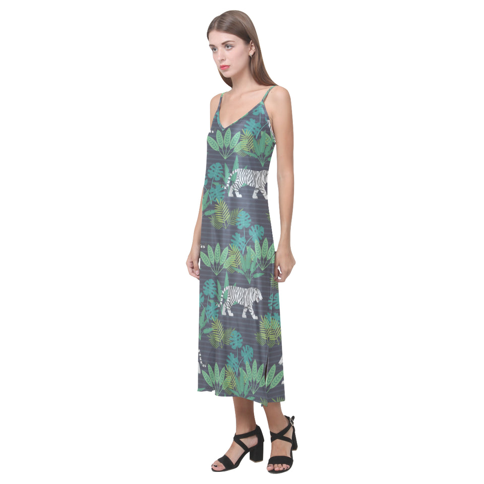 white bengal tigers tropical plant V-Neck Open Fork Long Dress