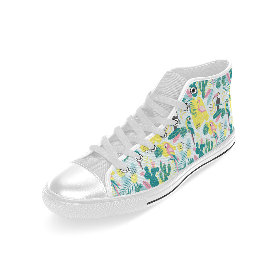 Cute parrot toucan flamingo cactus exotic leaves p Men's High Top Canvas Shoes White