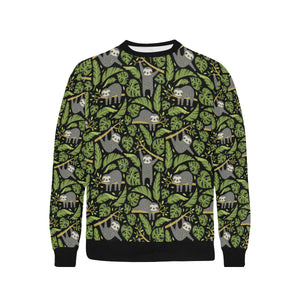 Cute sloths tropical palm leaves black background Men's Crew Neck Sweatshirt