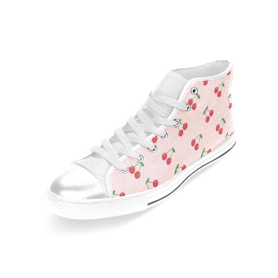 cherry pattern pink background Women's High Top Canvas Shoes White