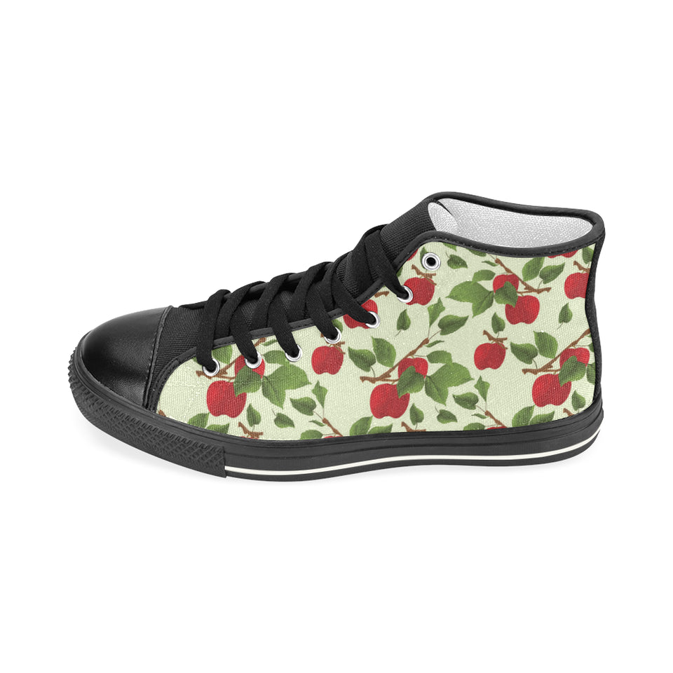 Red apples leaves pattern Women's High Top Canvas Shoes Black