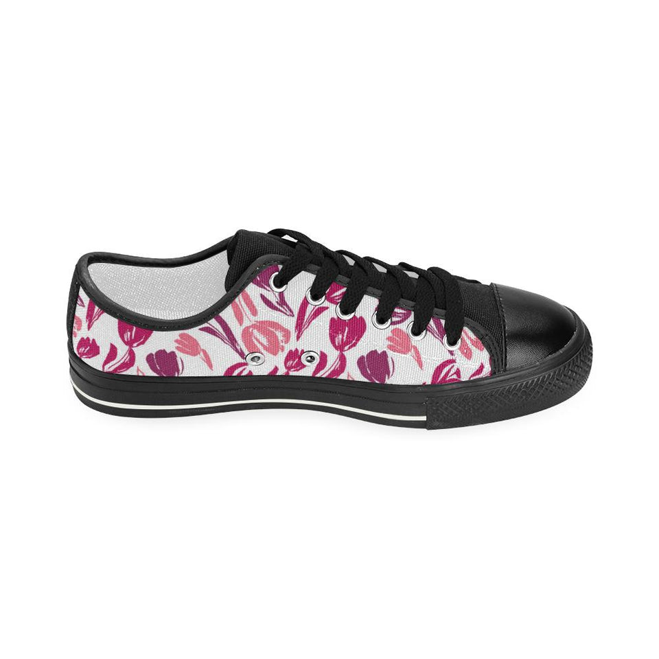 pink sketch tulip pattern Kids' Boys' Girls' Low Top Canvas Shoes Black