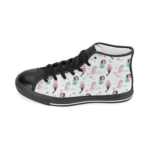cute mermaid dolphin fish starfish pattern Women's High Top Canvas Shoes Black
