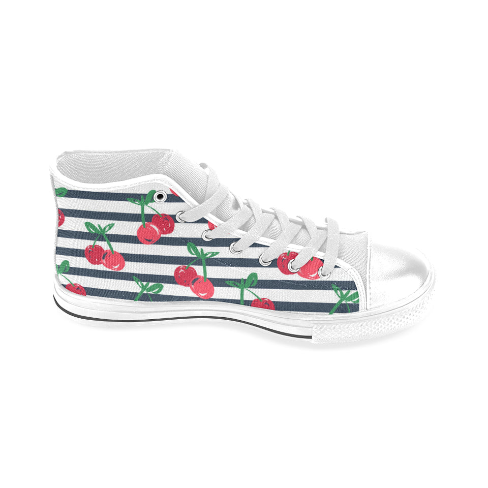 Hand drawn cherry pattern striped background Men's High Top Canvas Shoes White