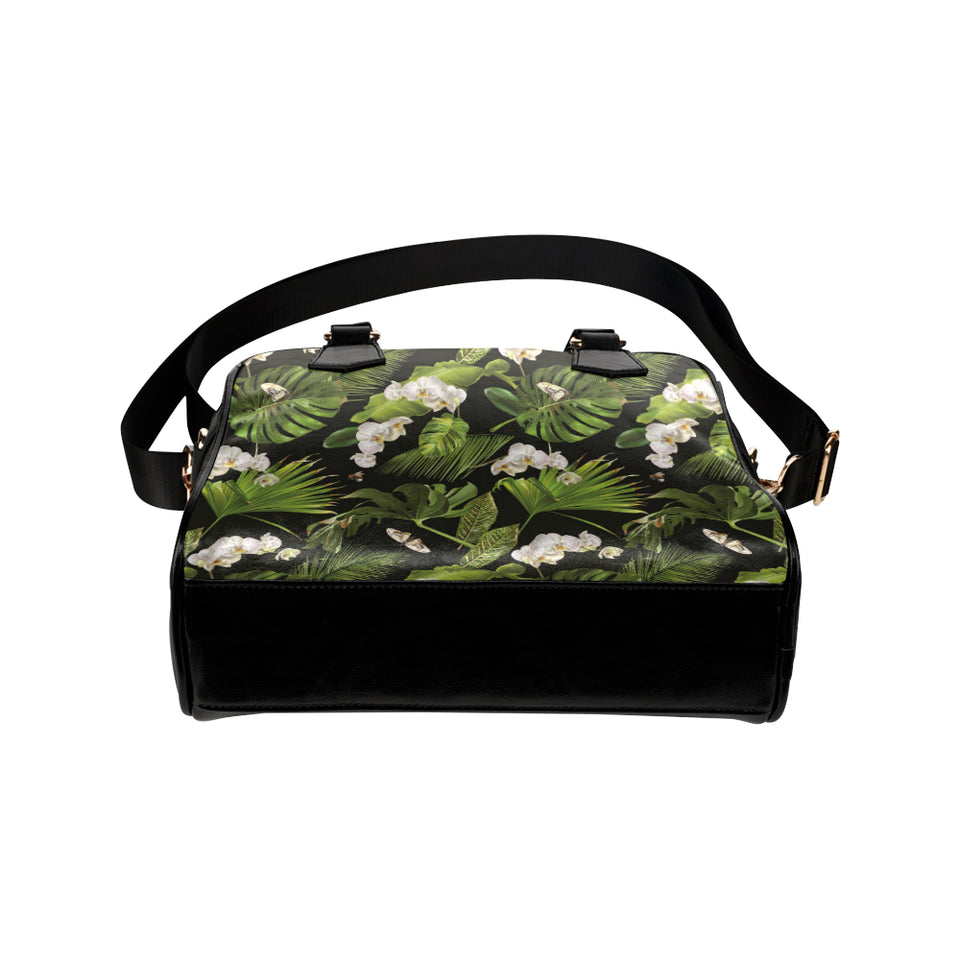 White orchid flower tropical leaves pattern blackg Shoulder Handbag