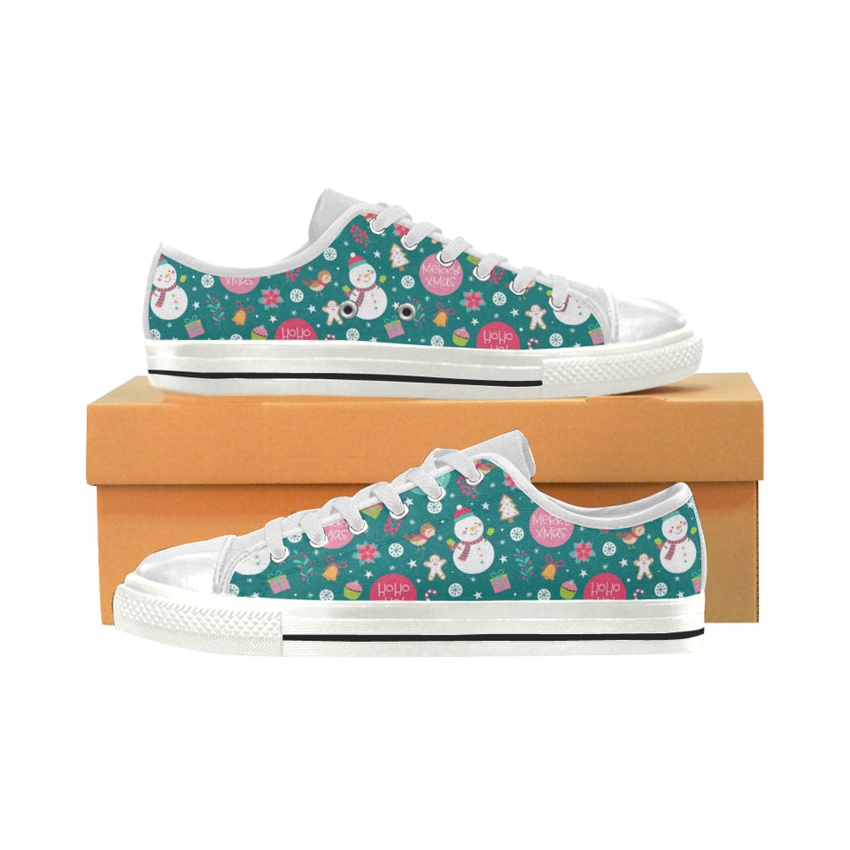 Snowman bird decorative elements christmas pattern Women's Low Top Canvas Shoes White