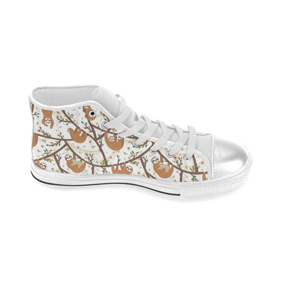 Sloths hanging on the tree pattern Women's High Top Canvas Shoes White