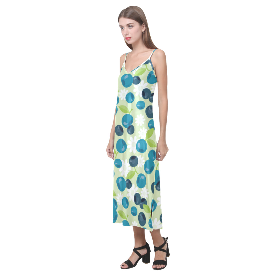 blueberry flower pattern V-Neck Open Fork Long Dress