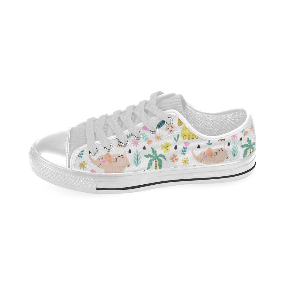 Cute elephants palm tree flower butterfly pattern Men's Low Top Canvas Shoes White