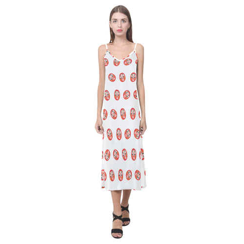 Daruma japanese wooden doll pattern V-Neck Open Fork Long Dress