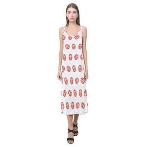 Daruma japanese wooden doll pattern V-Neck Open Fork Long Dress