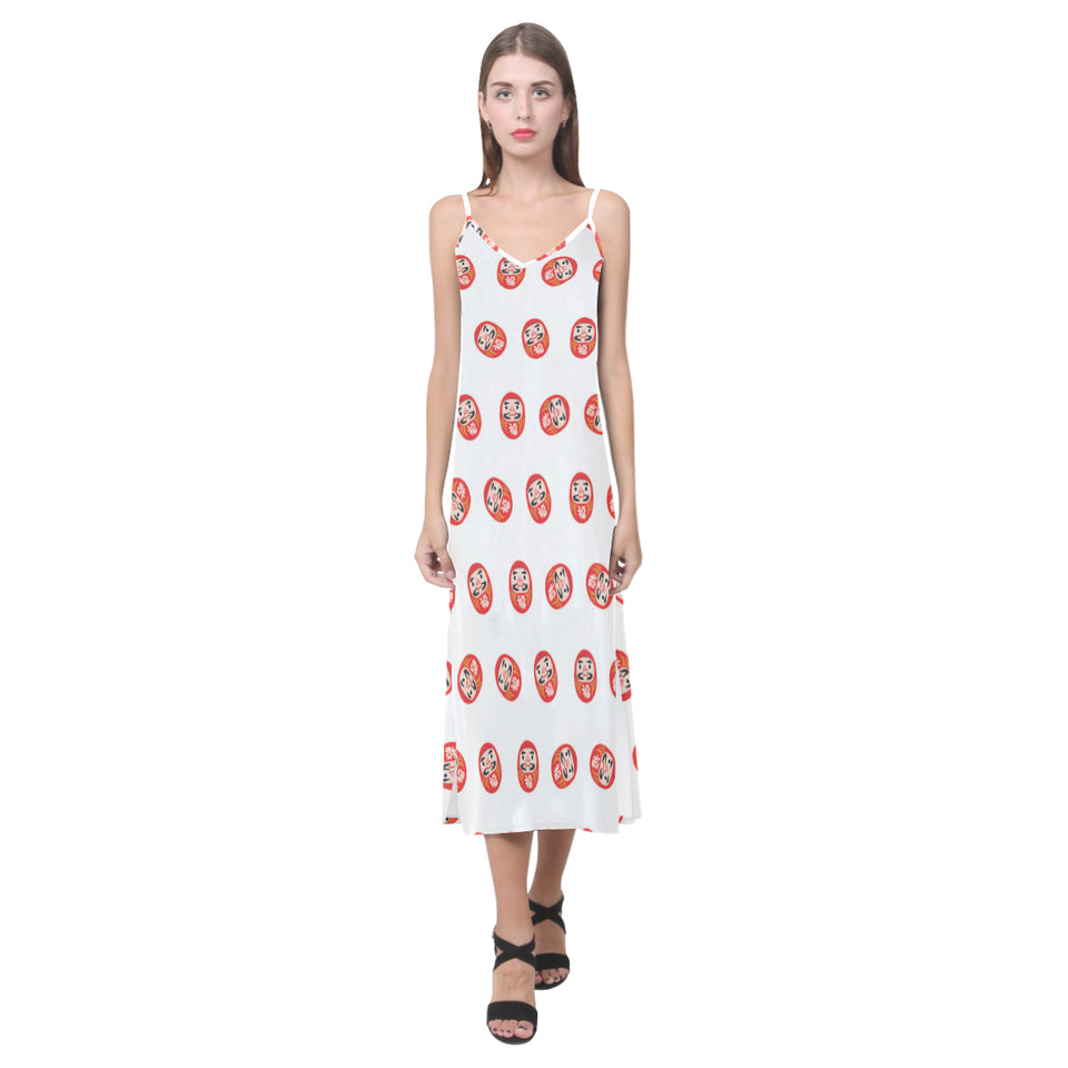 Daruma japanese wooden doll pattern V-Neck Open Fork Long Dress