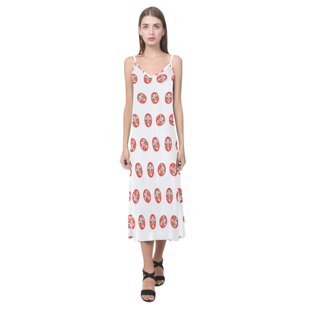 Daruma japanese wooden doll pattern V-Neck Open Fork Long Dress
