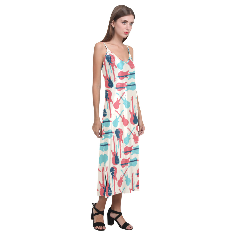 Red Blue guitar pattern V-Neck Open Fork Long Dress