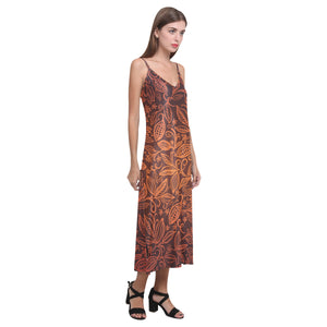 cacao beans tribal polynesian pattern V-Neck Open Fork Long Dress