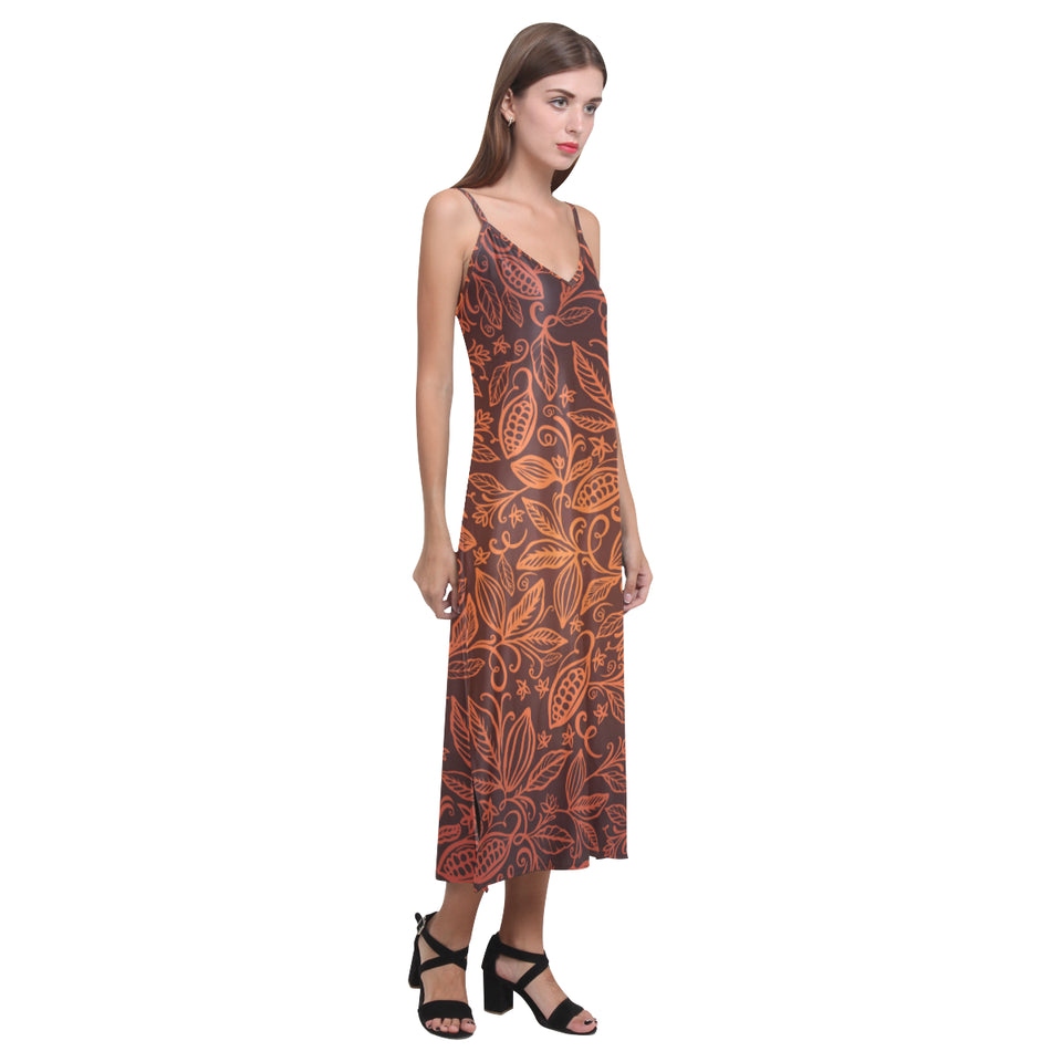 cacao beans tribal polynesian pattern V-Neck Open Fork Long Dress