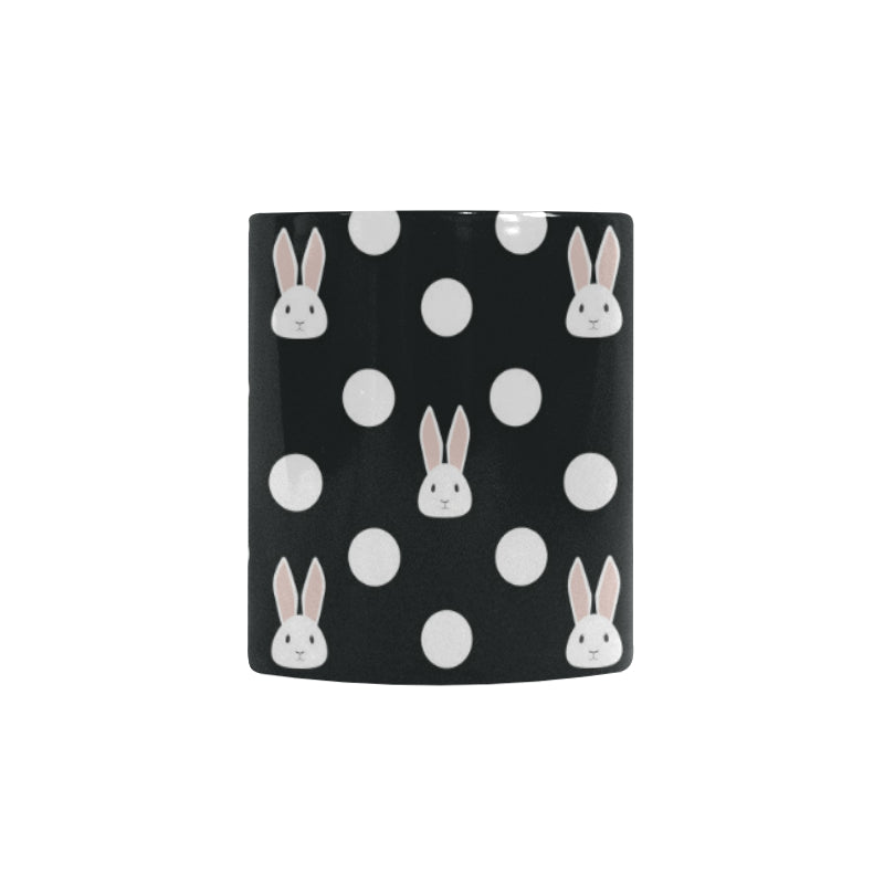 Cute white rabbit polka dots black background Morphing Mug Heat Changing Mug