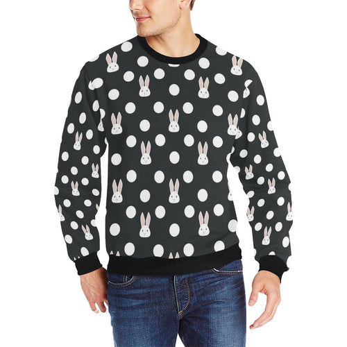 Cute white rabbit polka dots black background Men's Crew Neck Sweatshirt