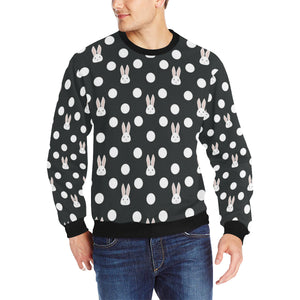 Cute white rabbit polka dots black background Men's Crew Neck Sweatshirt