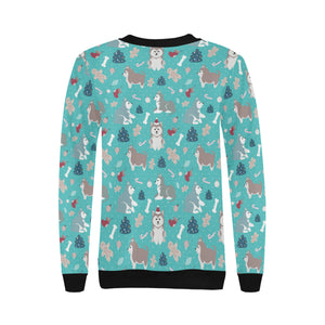 Christmas cute siberian husky puppie pattern Women's Crew Neck Sweatshirt