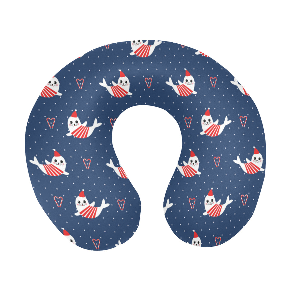 Cute sea lion seal christmas hat candy cane heart U-Shaped Travel Neck Pillow
