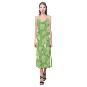 Broccoli pattern green background V-Neck Open Fork Long Dress