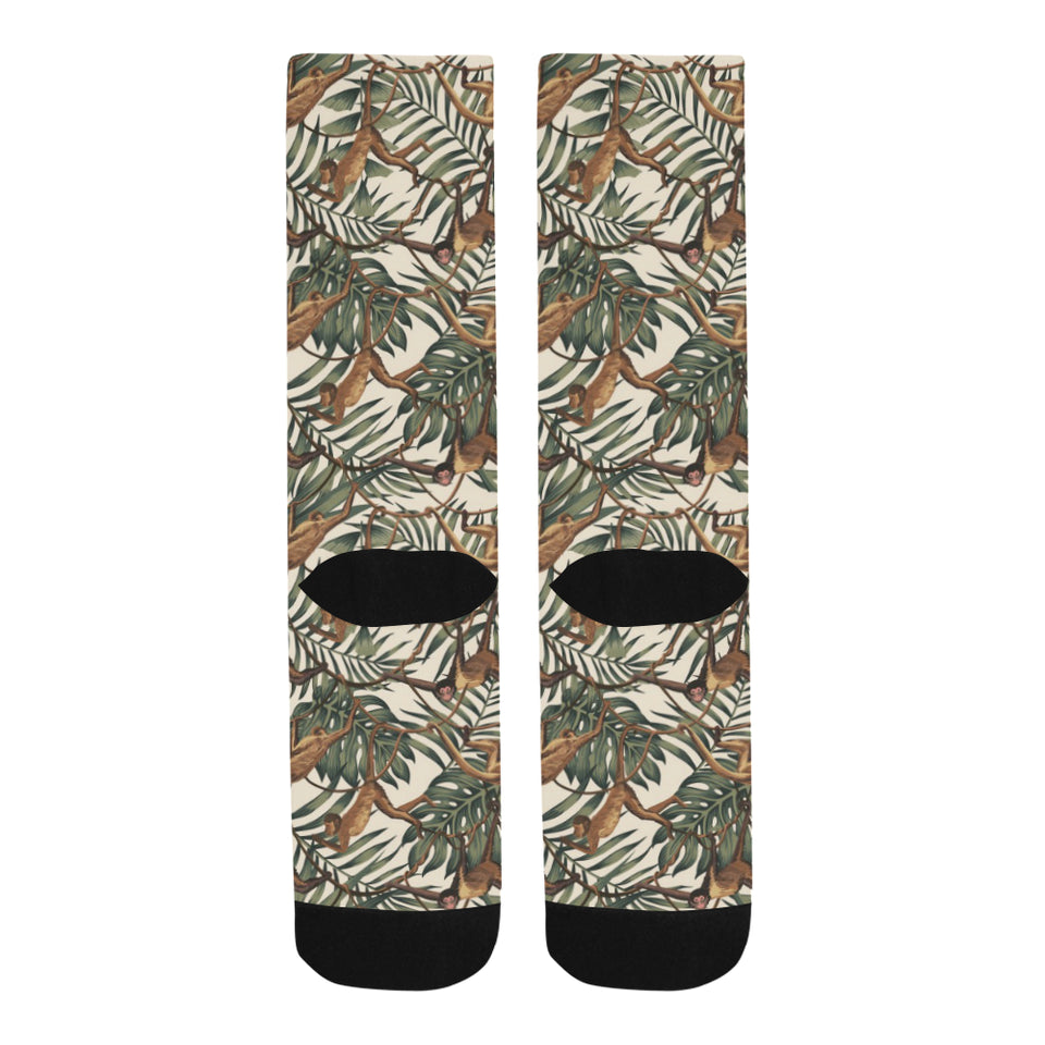 Monkey tropical leaves background Crew Socks