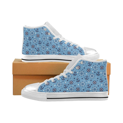 Anchors rudder compass star nautical pattern Women's High Top Canvas Shoes White