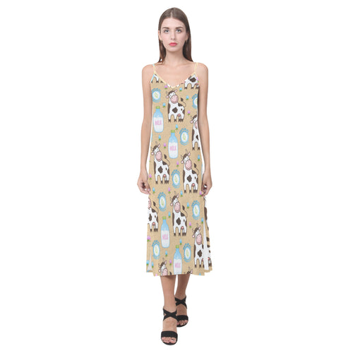 Cow bottle of milk pattern V-Neck Open Fork Long Dress