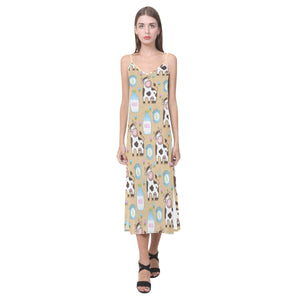Cow bottle of milk pattern V-Neck Open Fork Long Dress