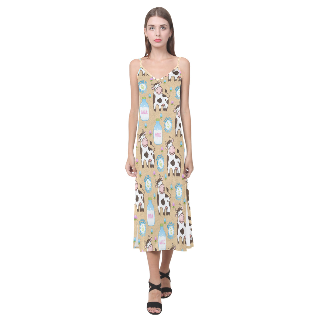 Cow bottle of milk pattern V-Neck Open Fork Long Dress