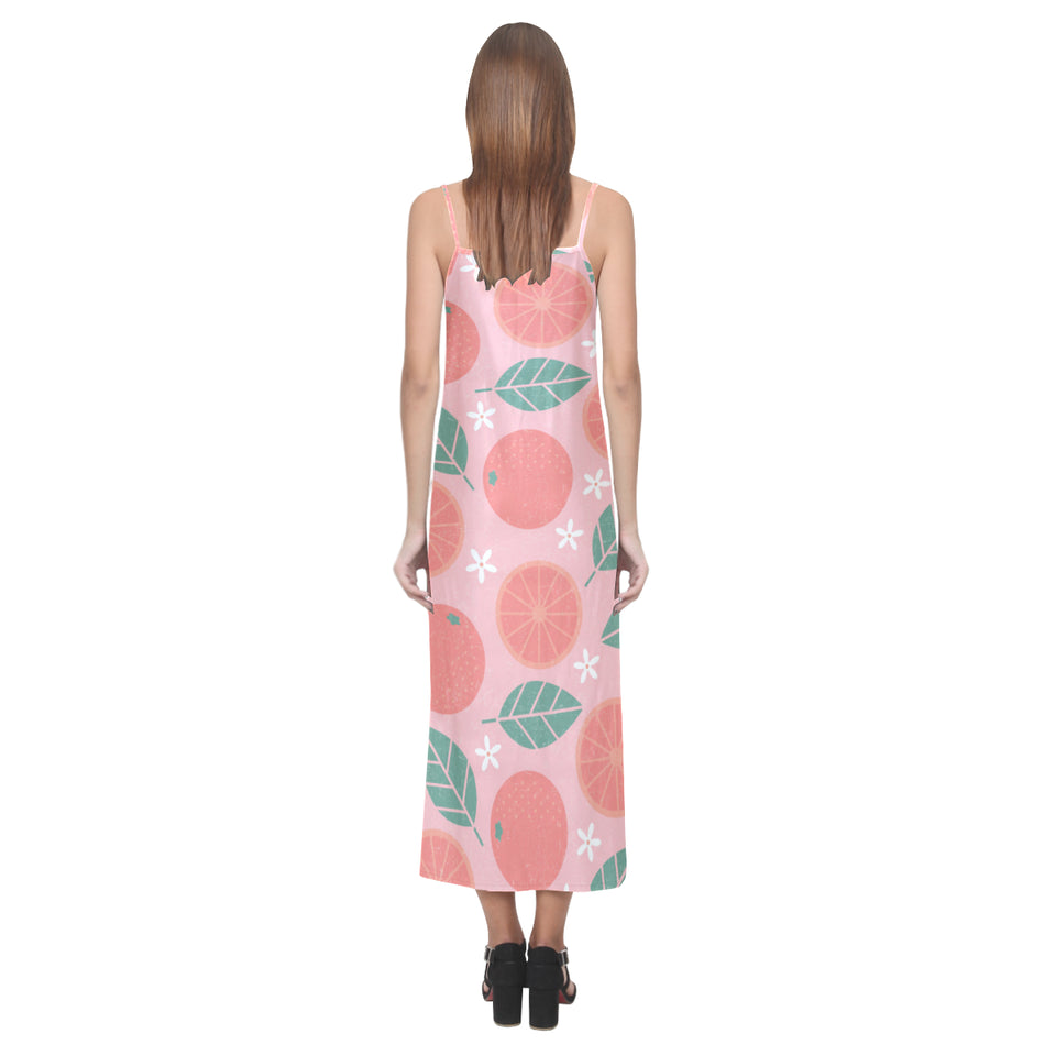 Grapefruit leaves flower pink background V-Neck Open Fork Long Dress