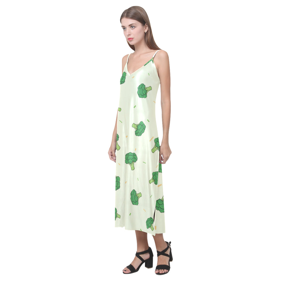 Broccoli pattern V-Neck Open Fork Long Dress