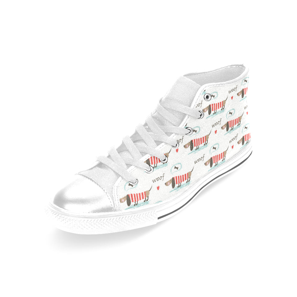 Cute dachshund bone pattern Women's High Top Canvas Shoes White