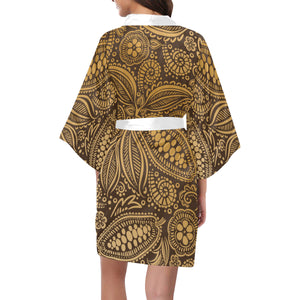 cacao beans tribal polynesian pattern background Women's Short Kimono Robe