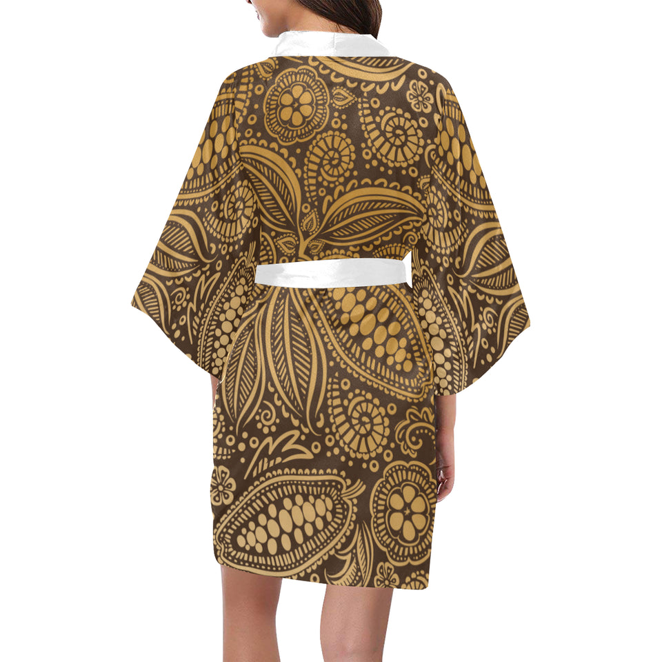 cacao beans tribal polynesian pattern background Women's Short Kimono Robe