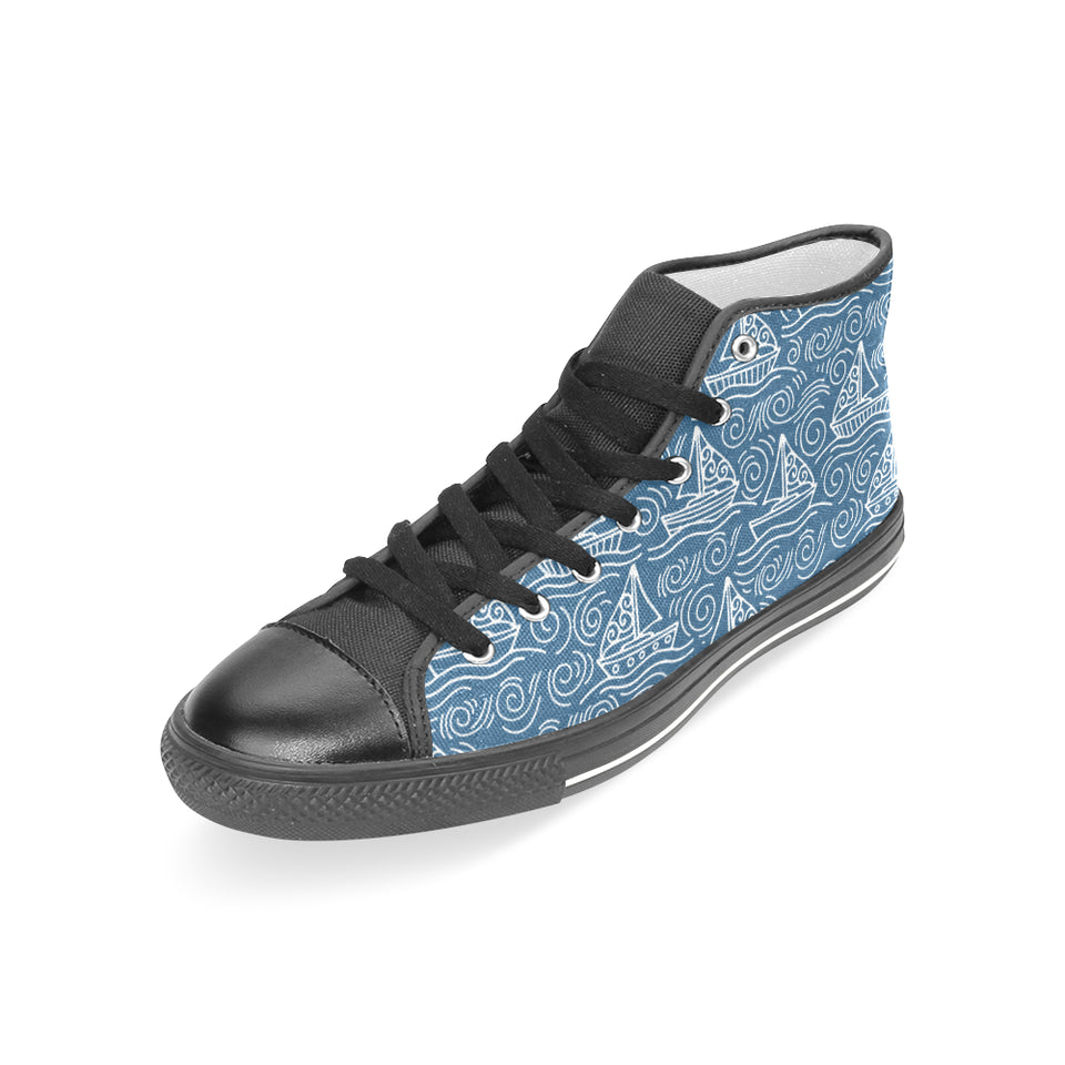 Hand drawn sailboat pattern Women's High Top Canvas Shoes Black