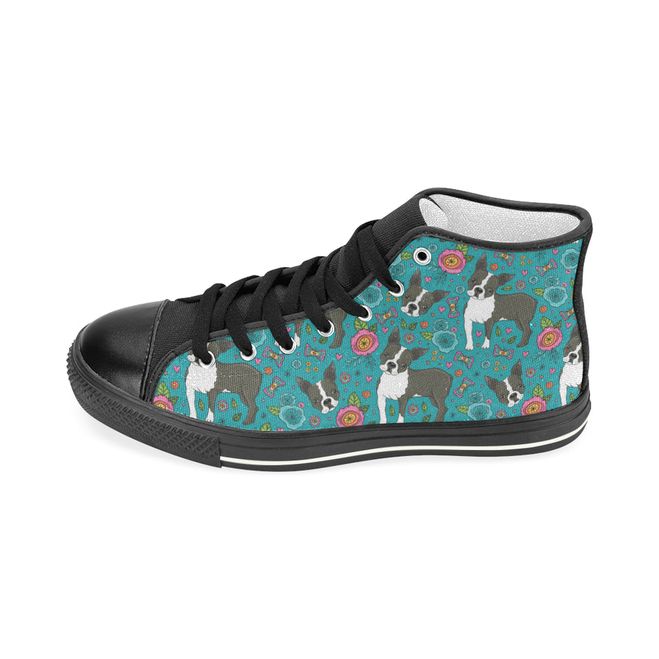 Boston terrier beautiful flower pattern Men's High Top Canvas Shoes Black