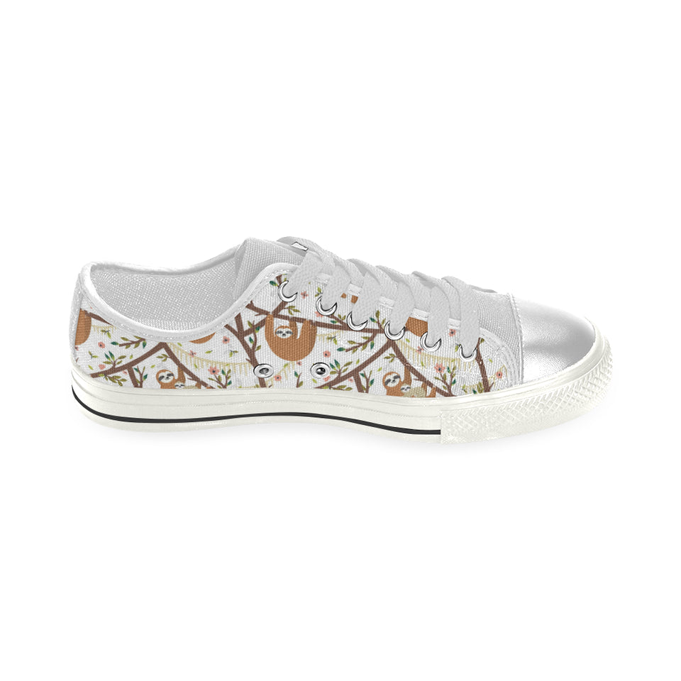 Sloths hanging on the tree pattern Women's Low Top Canvas Shoes White
