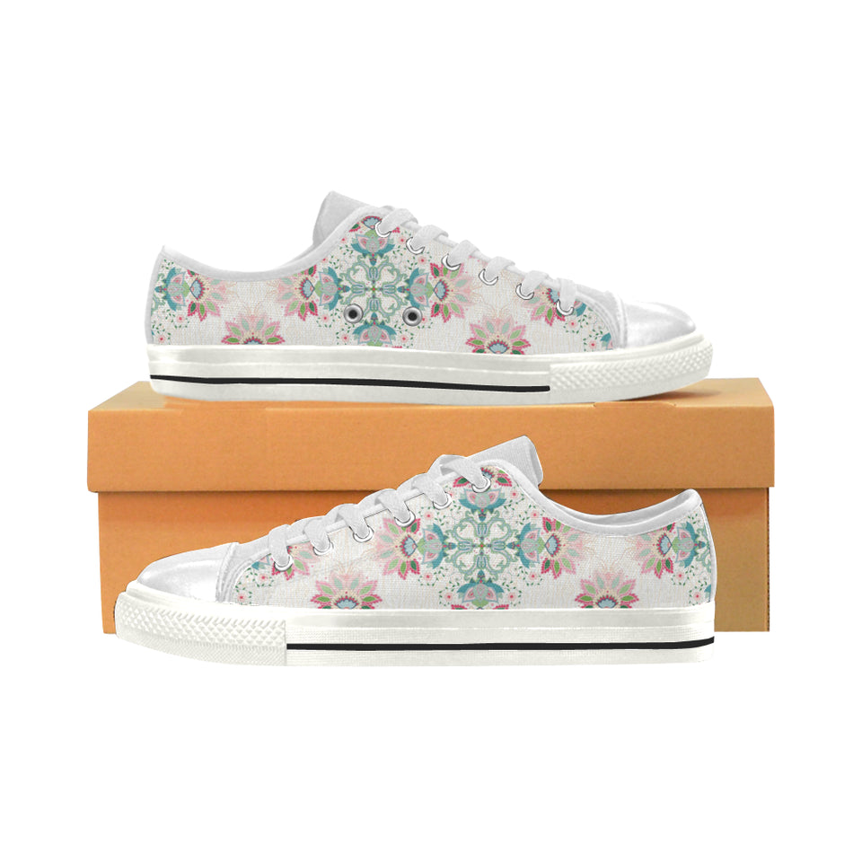 Square floral indian flower pattern Women's Low Top Canvas Shoes White