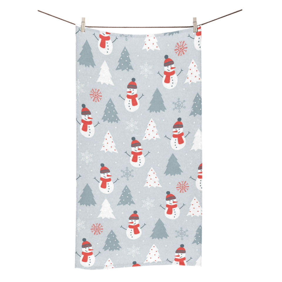Snowman christmas tree snow gray background Bath Towel