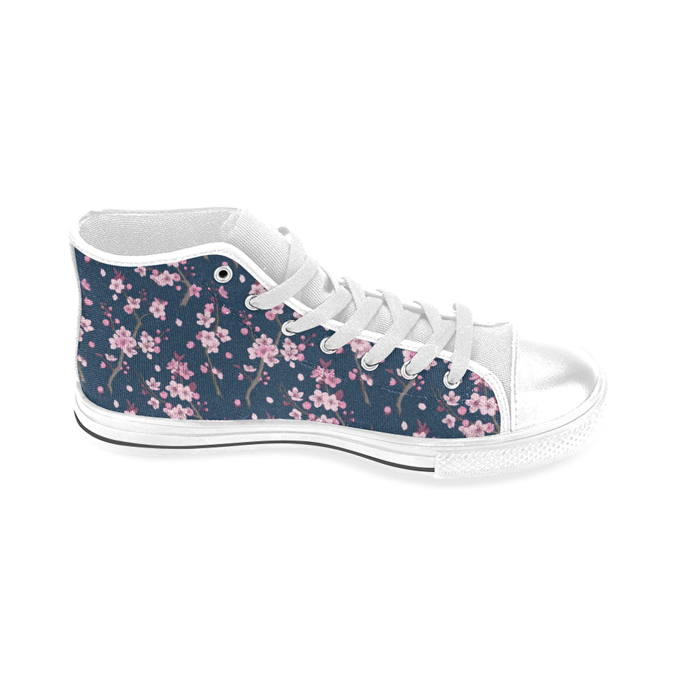 Pink sakura cherry blossom blue background Men's High Top Canvas Canvas Shoes White