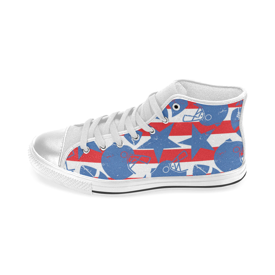 American football ball star stripes pattern Women's High Top Canvas Shoes White