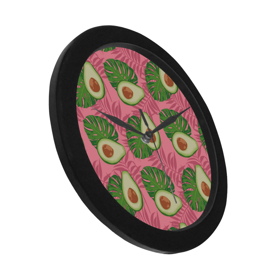 Avocado slices leaves pink back ground Elegant Black Wall Clock