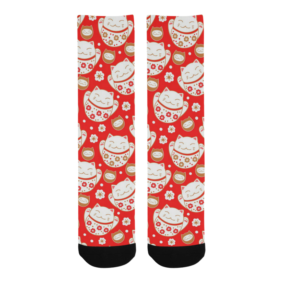 Cute Maneki neko cat red background Crew Socks